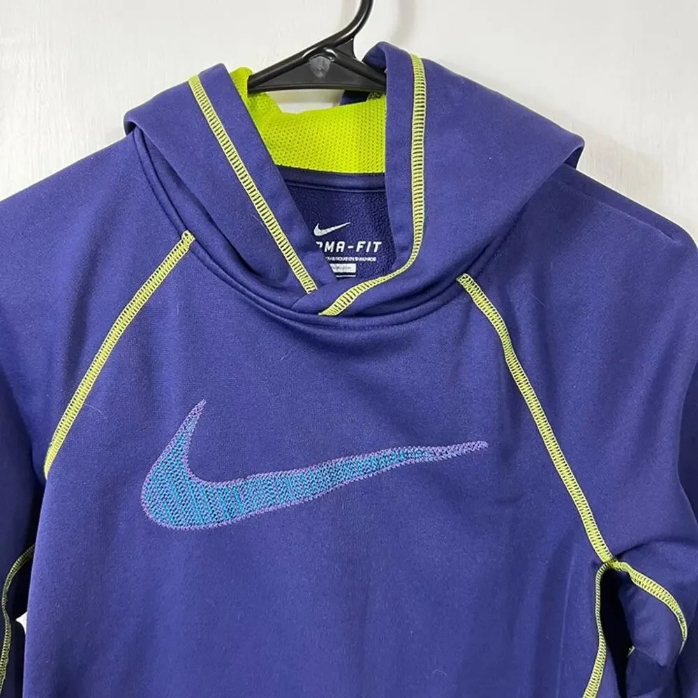 Nike Therma-FIT Purple Fleece Hoodie Lime Contrast Swoosh Pullover Women’s Small